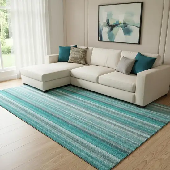 Teal And Ivory Striped Washable Area Rug With UV Protection Photo 1