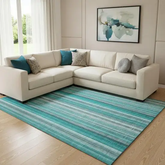 Teal And Ivory Striped Washable Area Rug With UV Protection Photo 1