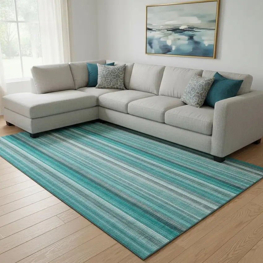 Teal And Ivory Striped Washable Area Rug With UV Protection Photo 3