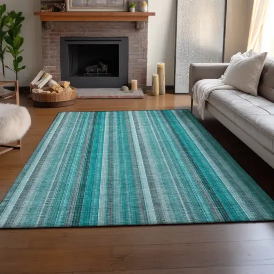 Teal And Ivory Striped Washable Area Rug With UV Protection Photo 5