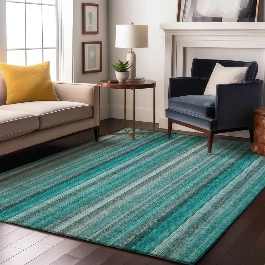 Teal And Ivory Striped Washable Area Rug With UV Protection Photo 4