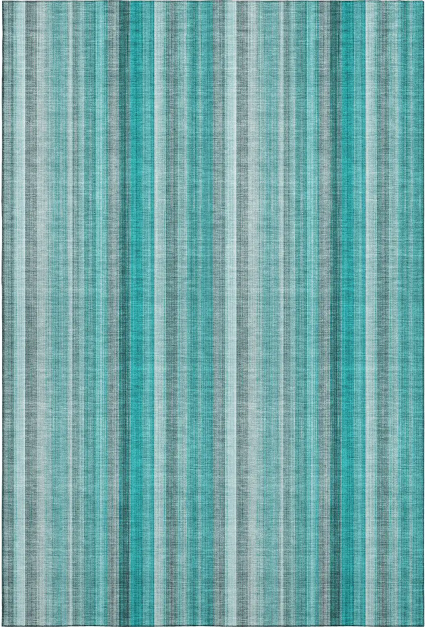 Teal And Ivory Striped Washable Area Rug With UV Protection Photo 1
