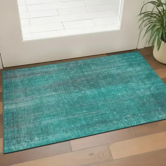 Teal And Ivory Striped Washable Area Rug With UV Protection Photo 2