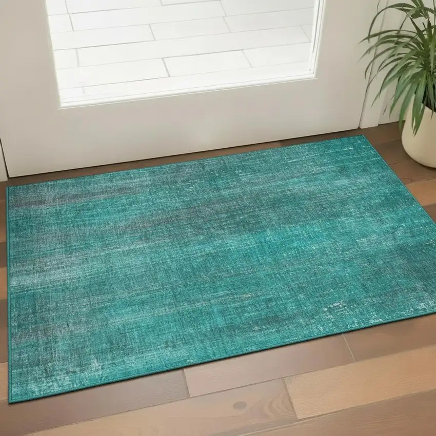 Teal And Ivory Striped Washable Area Rug With UV Protection Photo 2