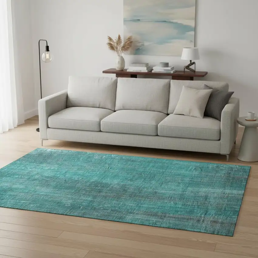 Teal And Ivory Striped Washable Area Rug With UV Protection Photo 2