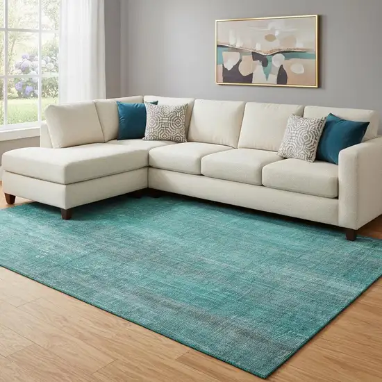 Teal And Ivory Striped Washable Area Rug With UV Protection Photo 1