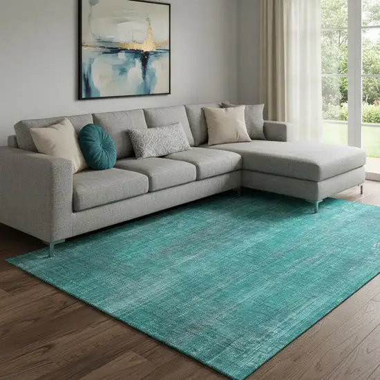 Teal And Ivory Striped Washable Area Rug With UV Protection Photo 1