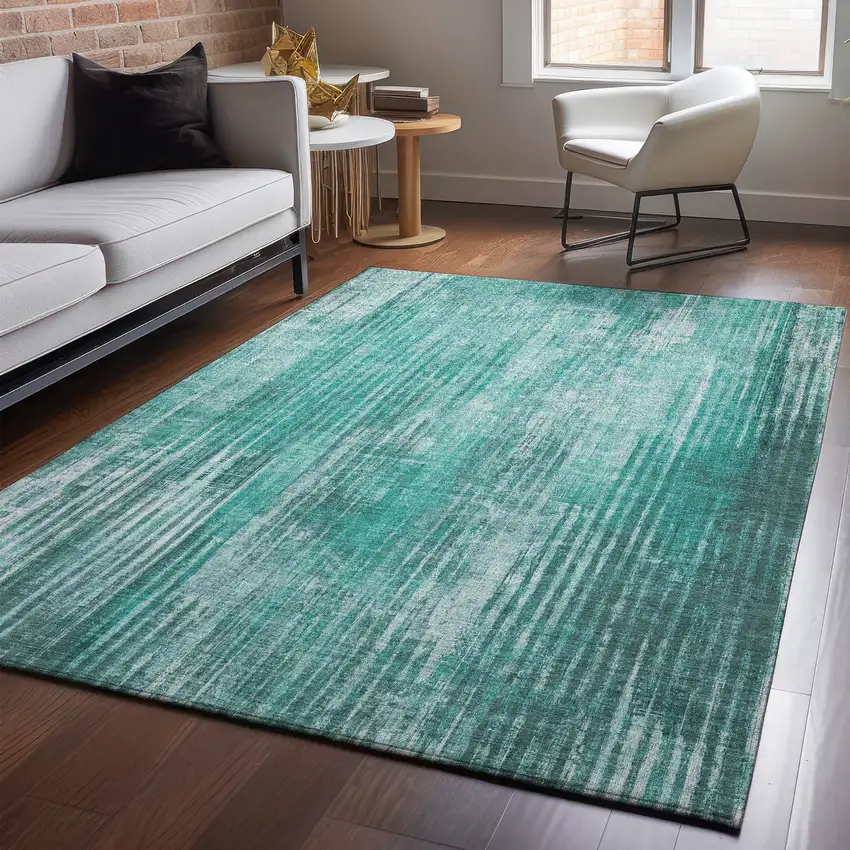 Teal And Ivory Striped Washable Area Rug With UV Protection Photo 2