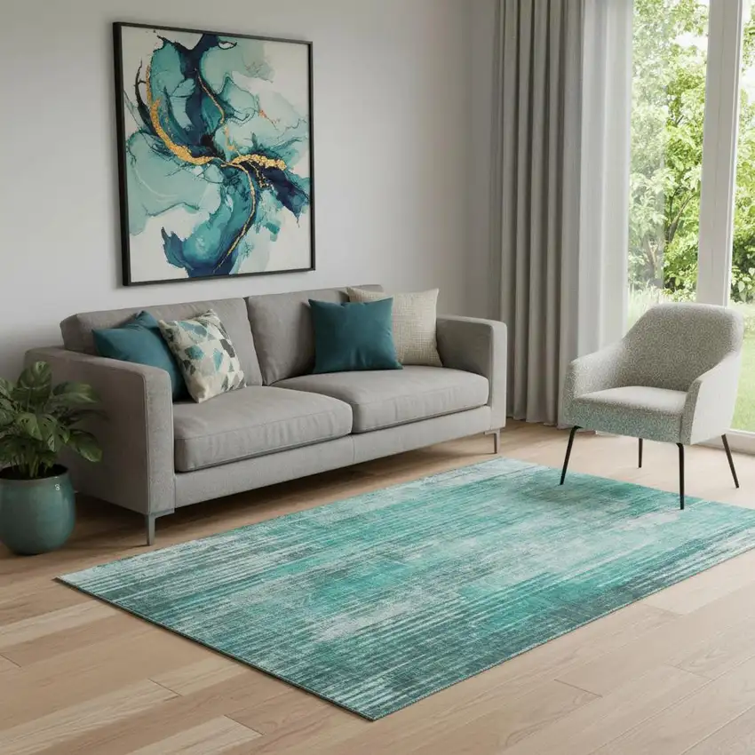 Teal And Ivory Striped Washable Area Rug With UV Protection Photo 1