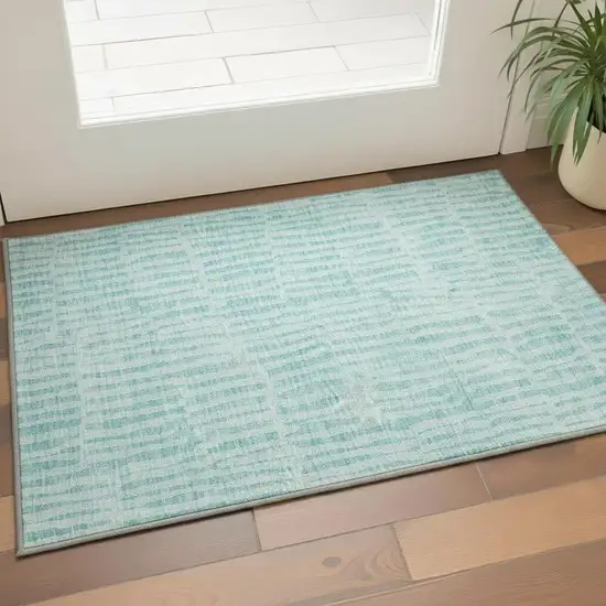 Teal And Ivory Striped Washable Area Rug With UV Protection Photo 2