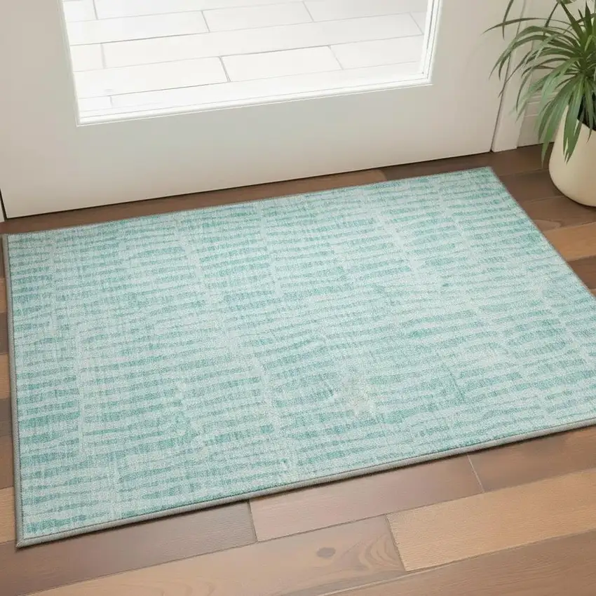 Teal And Ivory Striped Washable Area Rug With UV Protection Photo 2