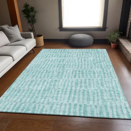 Teal And Ivory Striped Washable Area Rug With UV Protection Photo 4