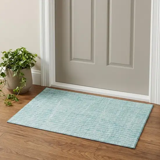 Teal And Ivory Striped Washable Area Rug With UV Protection Photo 1