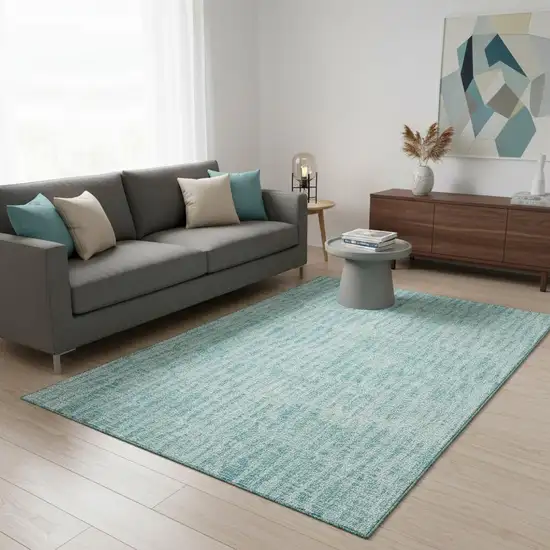 Teal And Ivory Striped Washable Area Rug With UV Protection Photo 1