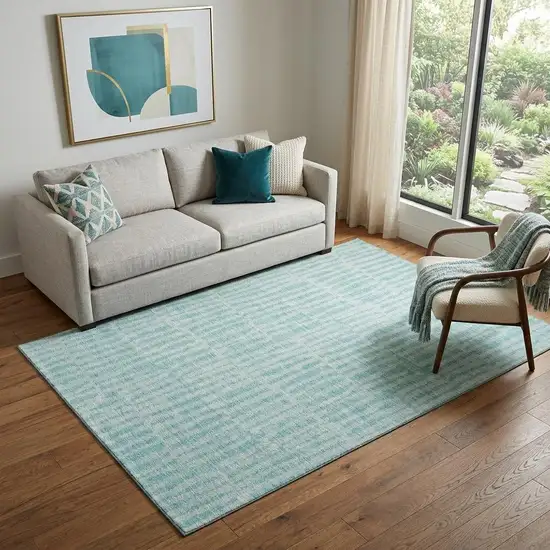 Teal And Ivory Striped Washable Area Rug With UV Protection Photo 1