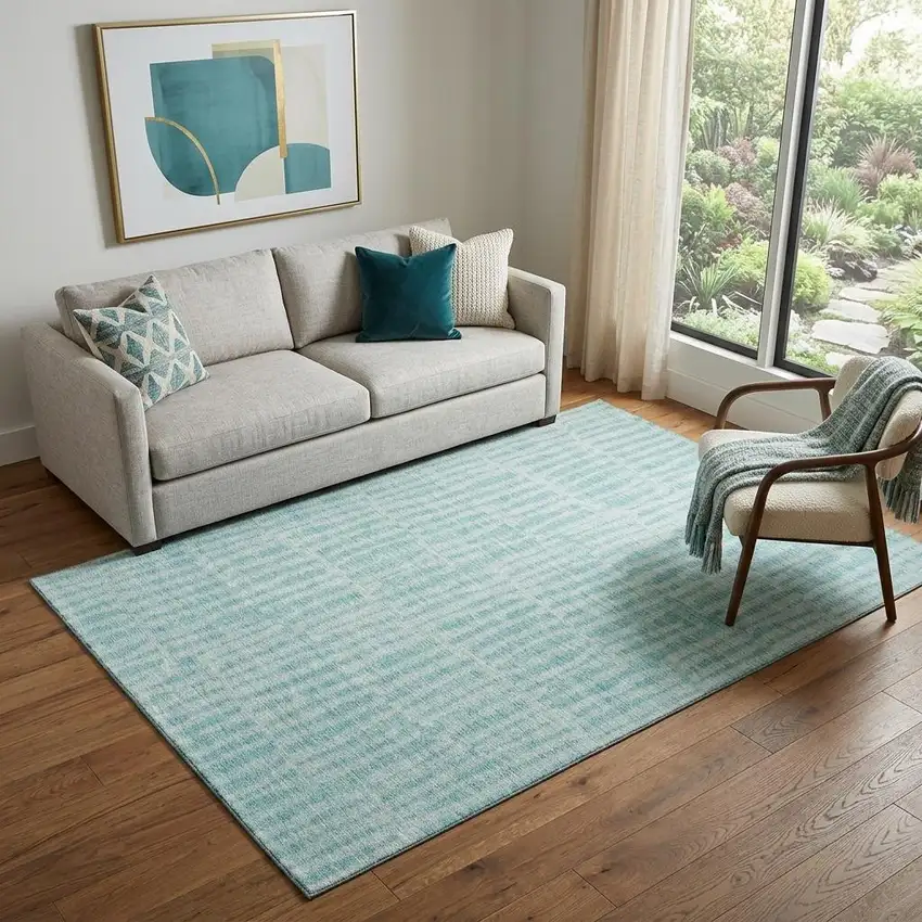 Teal And Ivory Striped Washable Area Rug With UV Protection Photo 1
