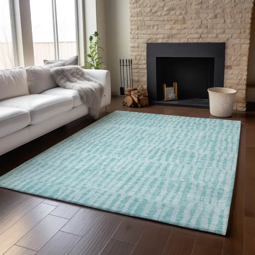 Teal And Ivory Striped Washable Area Rug With UV Protection Photo 4