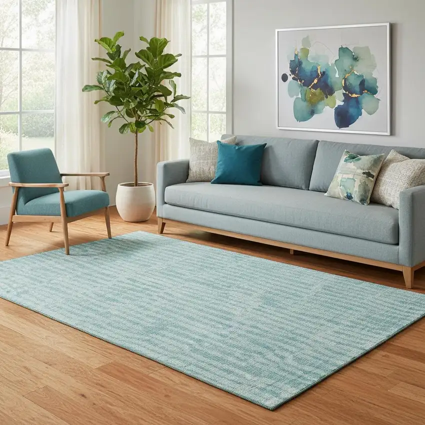 Teal And Ivory Striped Washable Area Rug With UV Protection Photo 1