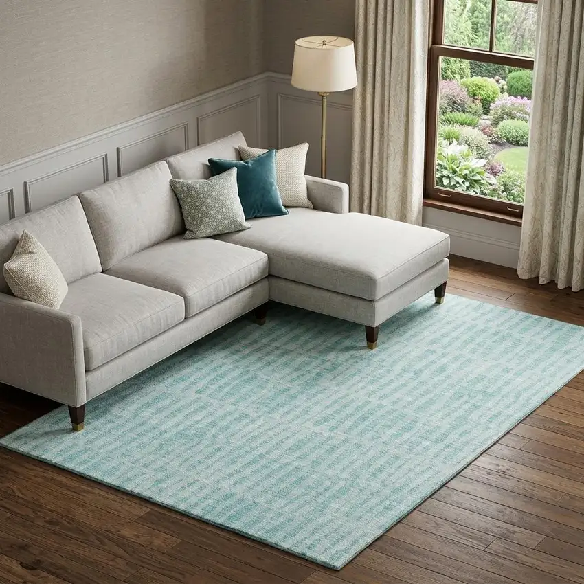 Teal And Ivory Striped Washable Area Rug With UV Protection Photo 1