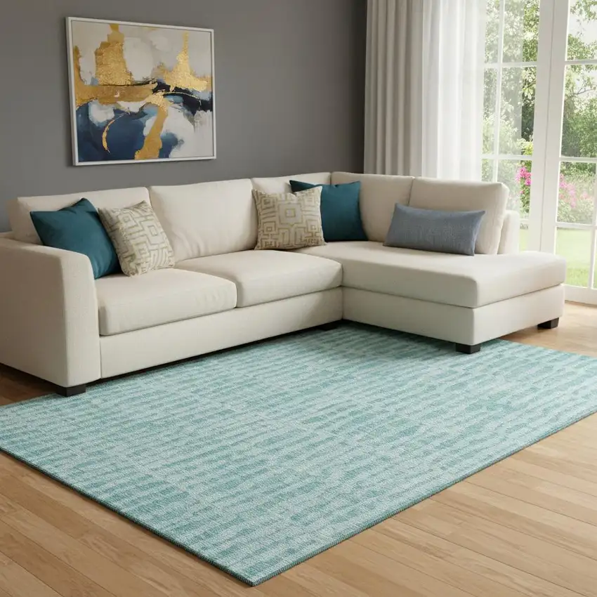 Teal And Ivory Striped Washable Area Rug With UV Protection Photo 1