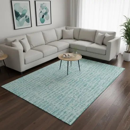 Teal And Ivory Striped Washable Area Rug With UV Protection Photo 3
