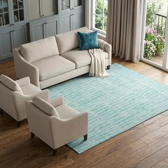 Teal And Ivory Striped Washable Area Rug With UV Protection Photo 1