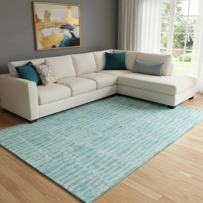 Teal And Ivory Striped Washable Area Rug With UV Protection Photo 1