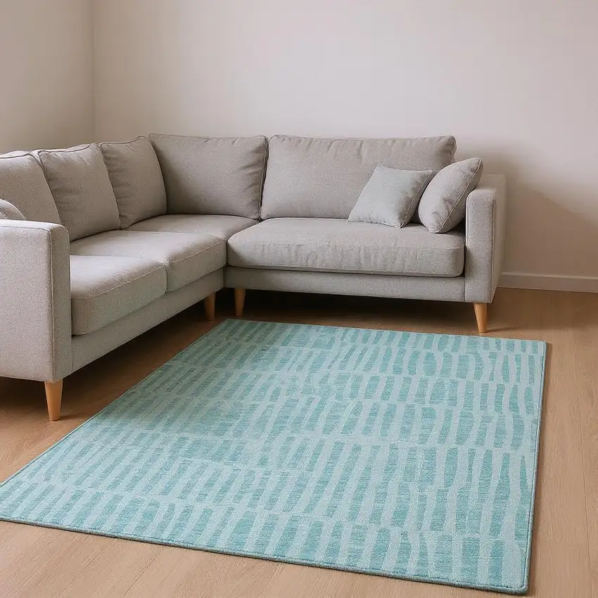 Teal And Ivory Striped Washable Area Rug With UV Protection Photo 1