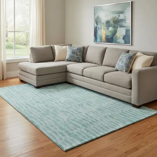 Teal And Ivory Striped Washable Area Rug With UV Protection Photo 1