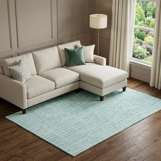 Teal And Ivory Striped Washable Area Rug With UV Protection Photo 1
