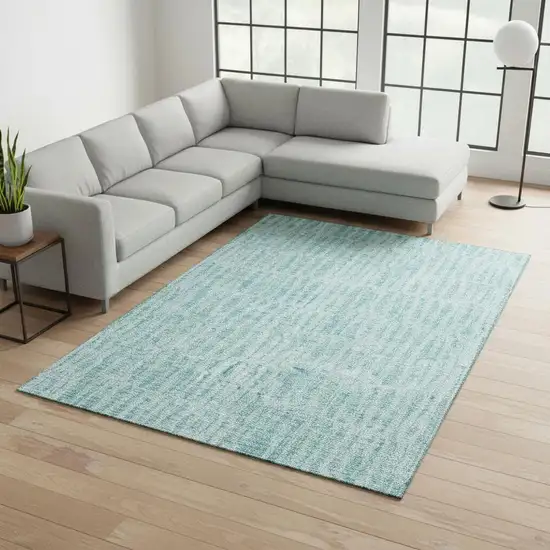 Teal And Ivory Striped Washable Area Rug With UV Protection Photo 3