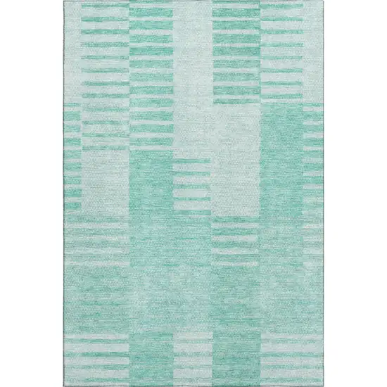 Teal And Ivory Striped Washable Area Rug With UV Protection Photo 1