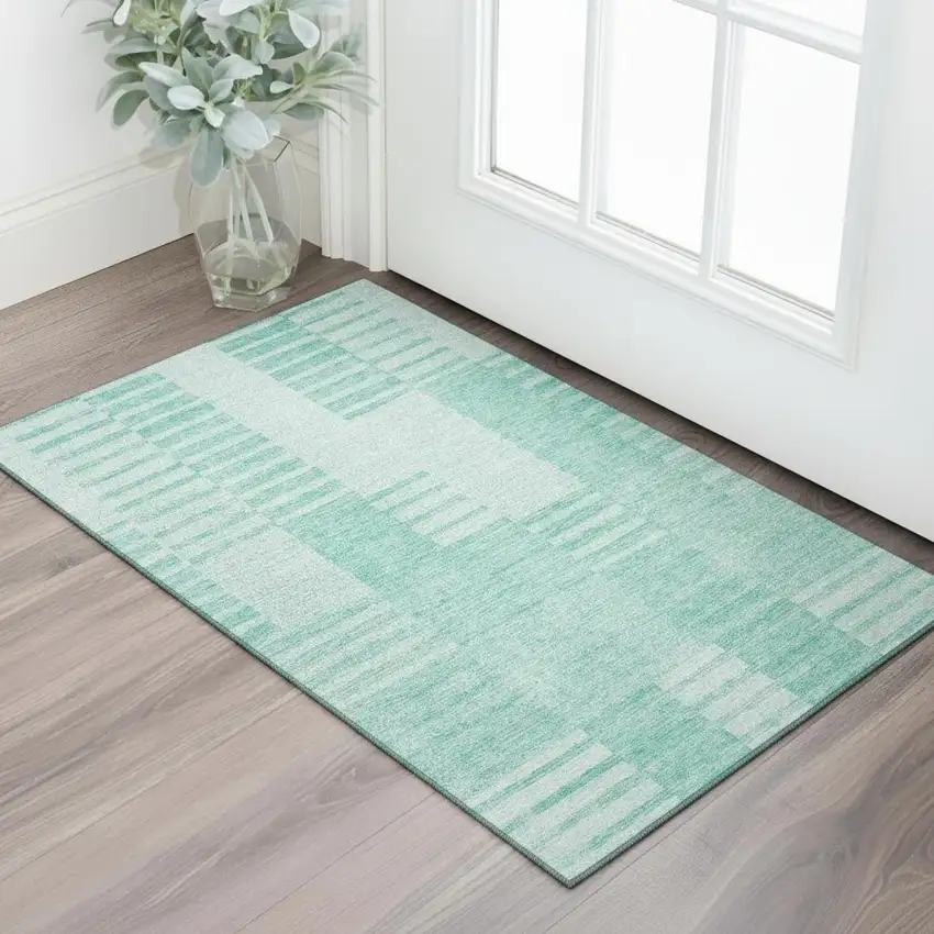 Teal And Ivory Striped Washable Area Rug With UV Protection Photo 1