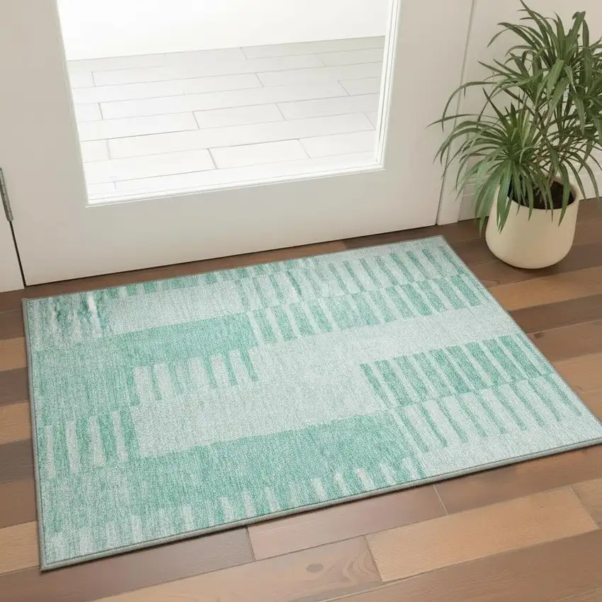 Teal And Ivory Striped Washable Area Rug With UV Protection Photo 2
