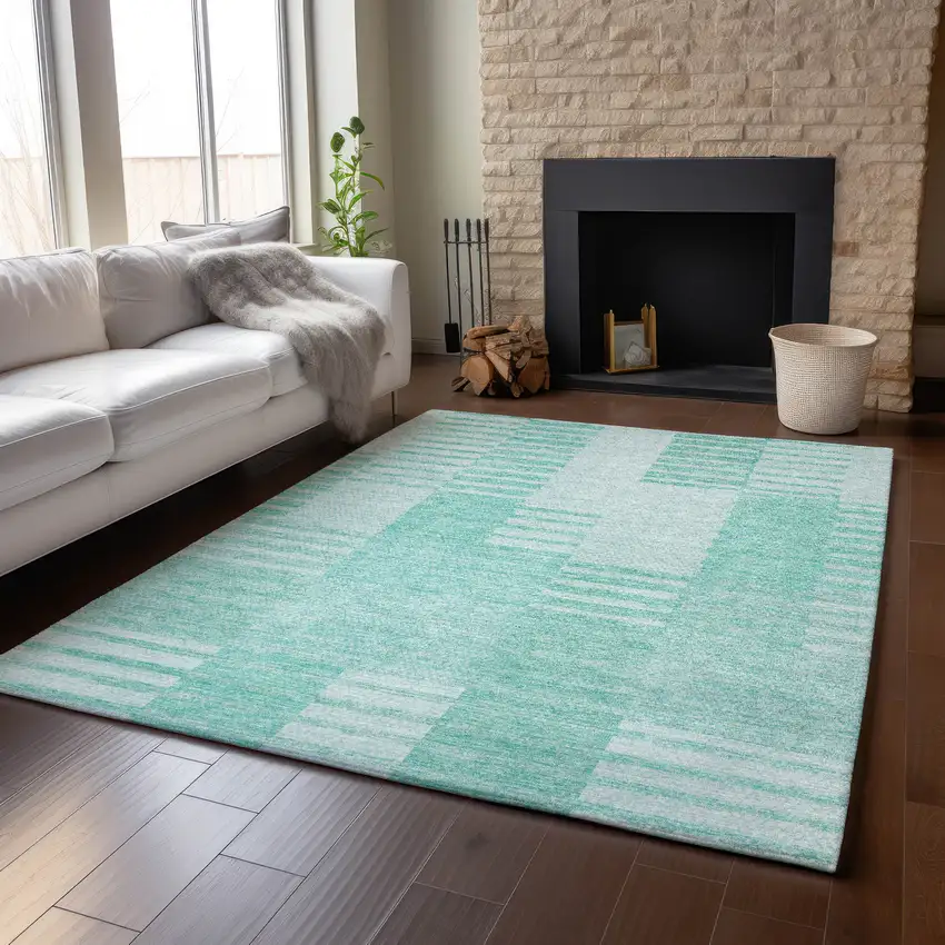 Teal And Ivory Striped Washable Area Rug With UV Protection Photo 6