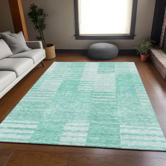 Teal And Ivory Striped Washable Area Rug With UV Protection Photo 5