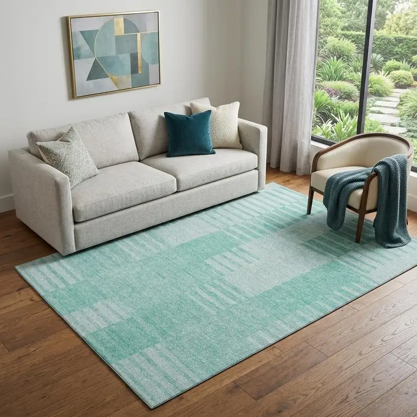 Teal And Ivory Striped Washable Area Rug With UV Protection Photo 1