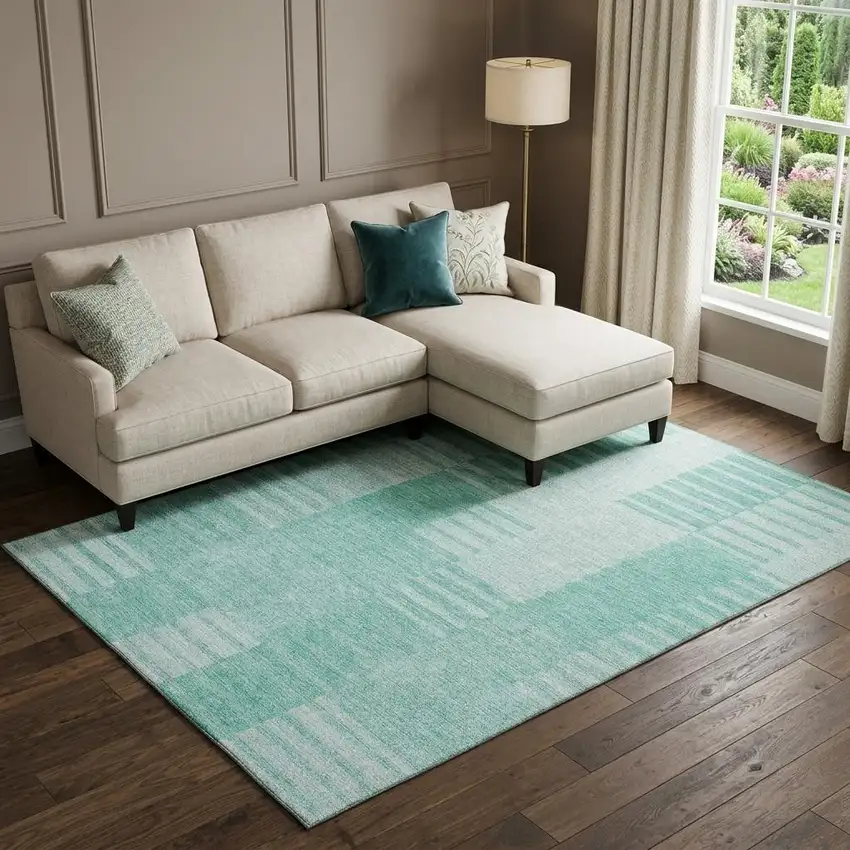 Teal And Ivory Striped Washable Area Rug With UV Protection Photo 1