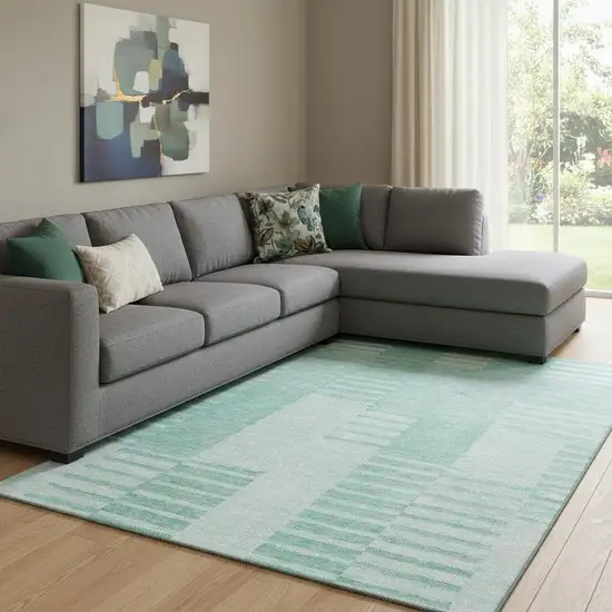 Teal And Ivory Striped Washable Area Rug With UV Protection Photo 1