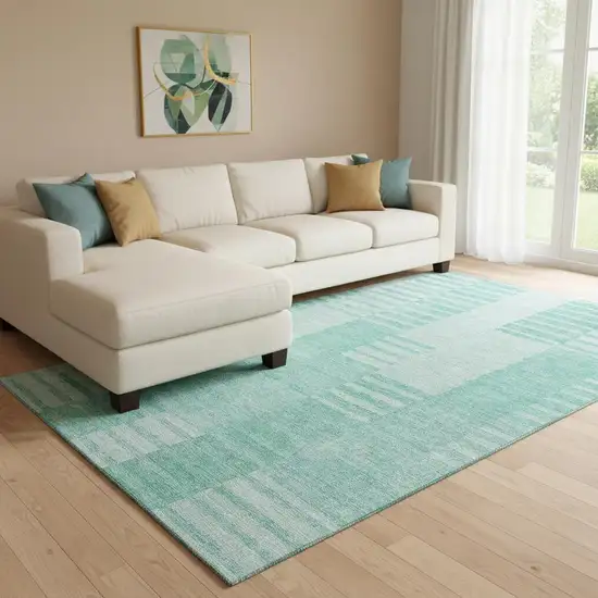 Teal And Ivory Striped Washable Area Rug With UV Protection Photo 1