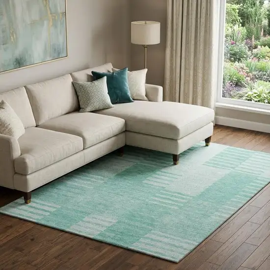 Teal And Ivory Striped Washable Area Rug With UV Protection Photo 1