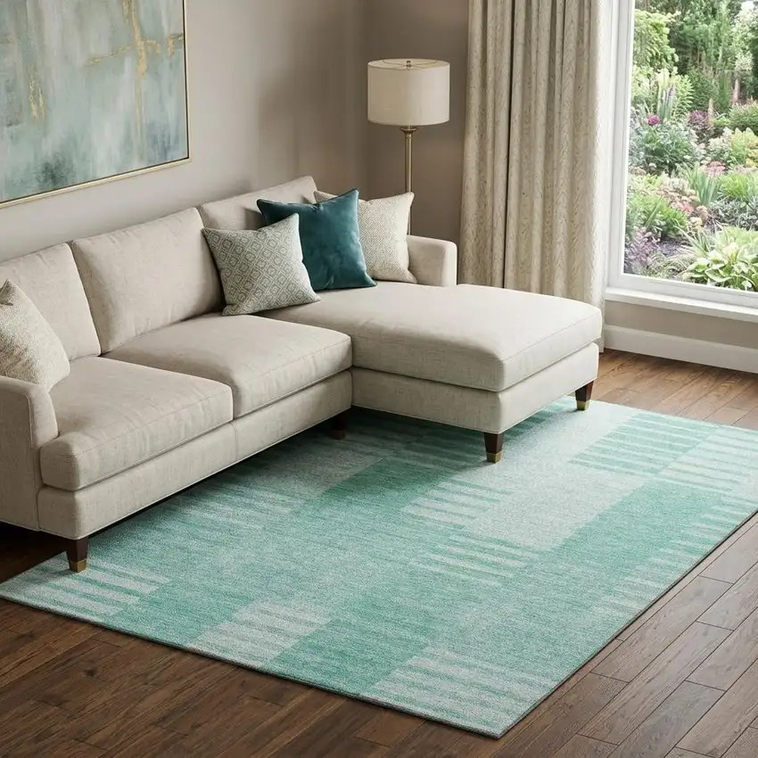 Teal And Ivory Striped Washable Area Rug With UV Protection Photo 1