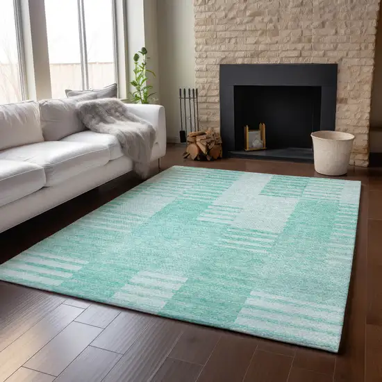 Teal And Ivory Striped Washable Area Rug With UV Protection Photo 4