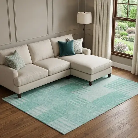 Teal And Ivory Striped Washable Area Rug With UV Protection Photo 1