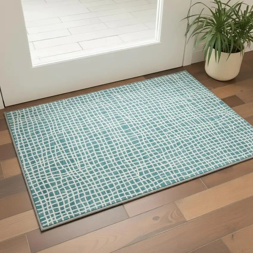 Teal And Ivory Striped Washable Area Rug With UV Protection Photo 2