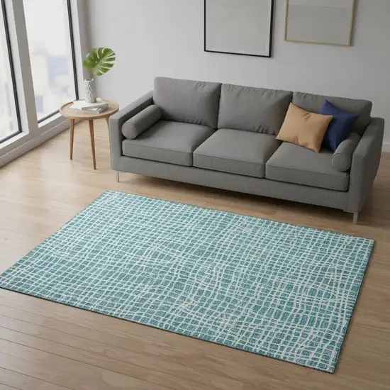 Teal And Ivory Striped Washable Area Rug With UV Protection Photo 2