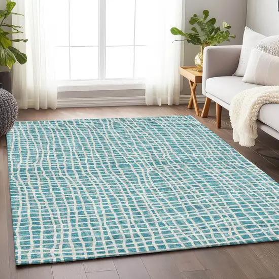 Teal And Ivory Striped Washable Area Rug With UV Protection Photo 5