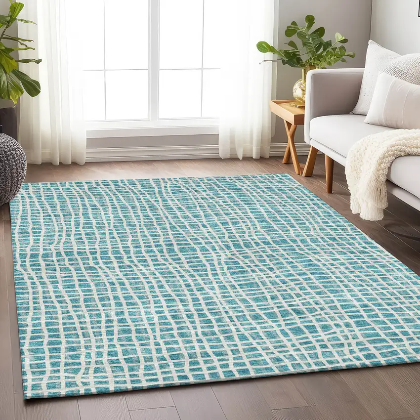Teal And Ivory Striped Washable Area Rug With UV Protection Photo 5