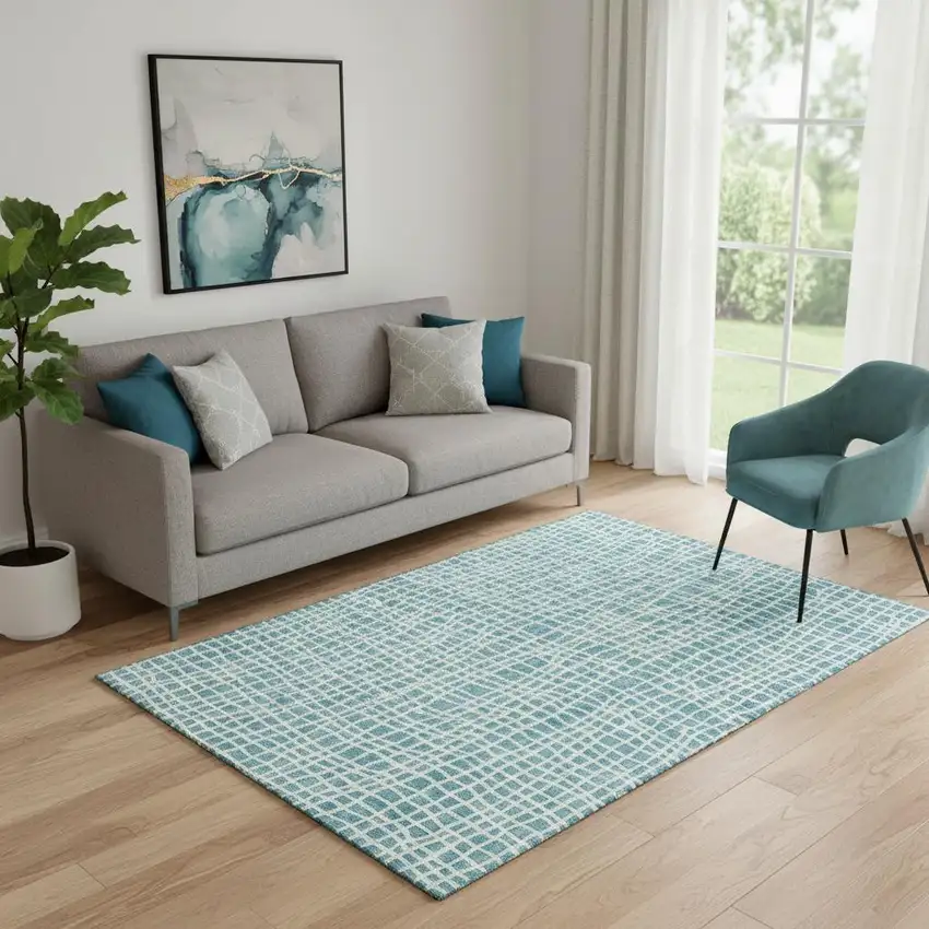 Teal And Ivory Striped Washable Area Rug With UV Protection Photo 1