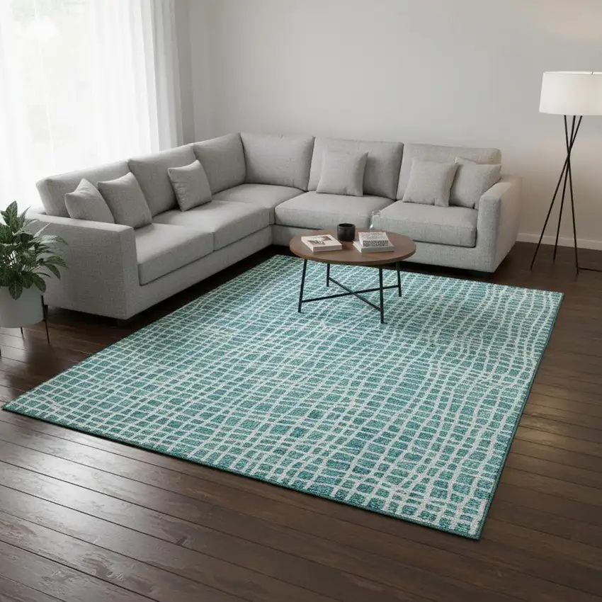 Teal And Ivory Striped Washable Area Rug With UV Protection Photo 2